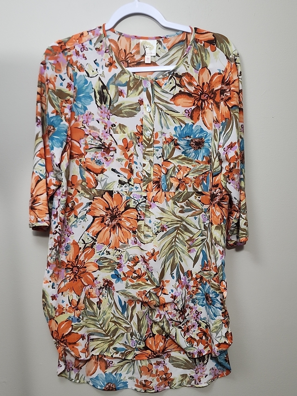 Fig & Flowers Kendra Tropical Floral High-Low Tunic Blouse M Boho Resort Vacay